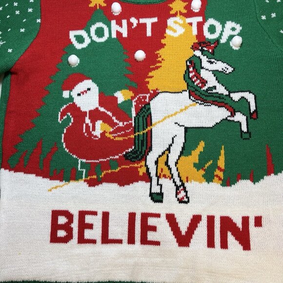 "Ugly" Christmas Sweater Size XL Don't Stop Believin' Unicorn‎ Party Colorful - Picture 2 of 7